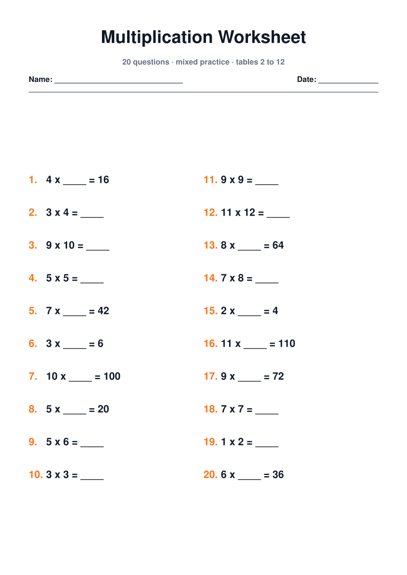 Multiplication worksheet with twenty mixed practice questions and its answer key